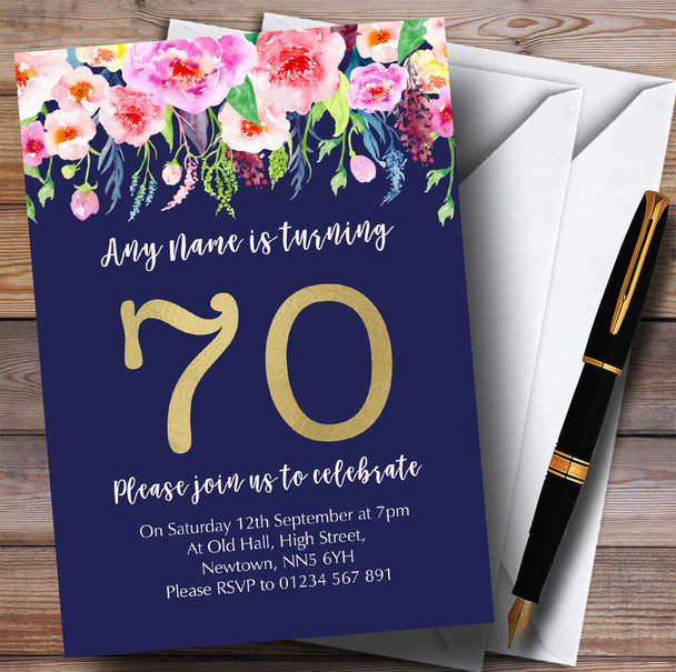 Blue & Pink Watercolour Flowers 70th Customised Birthday Party Invitations