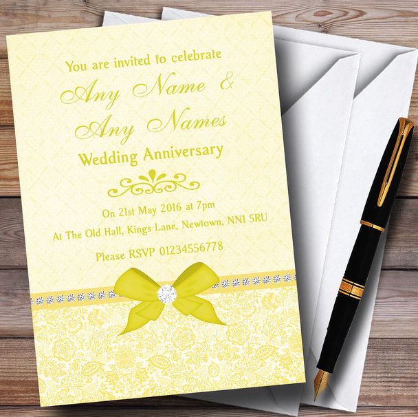 Pretty Floral Vintage Bow & Diamante Yellow Customised Anniversary Party Invitations