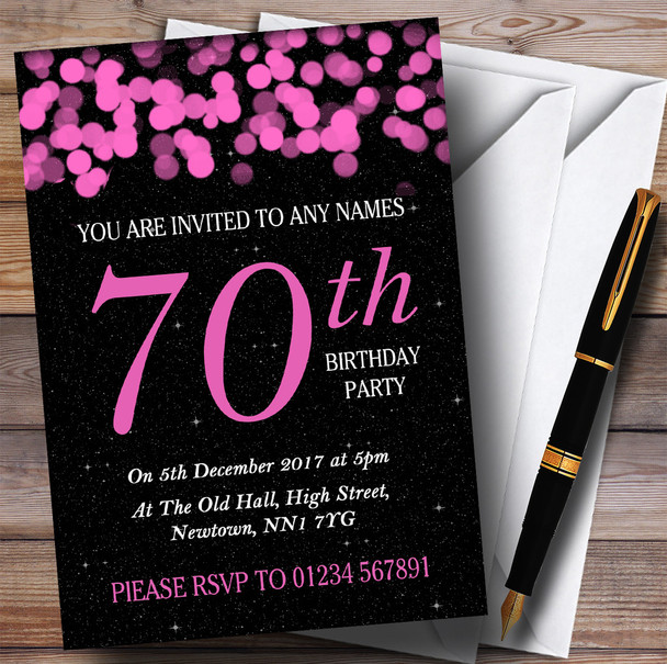 Pink Bokeh & Stars 70th Customised Birthday Party Invitations