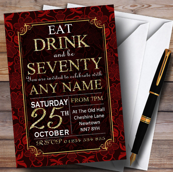 Red & Gold Flowers 70th Customised Birthday Party Invitations