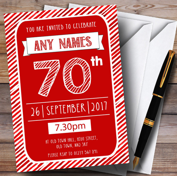 Red & White Stripy Deco 70th Customised Birthday Party Invitations