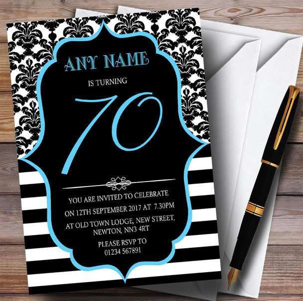 Vintage Damask Blue 70th Customised Birthday Party Invitations