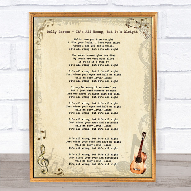 Dolly Parton It's All Wrong, But It's All Right Vintage Guitar Song Lyric Print