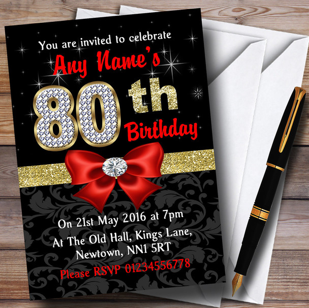 Red Black Gold Diamond 80Th Birthday Party Customised Invitations