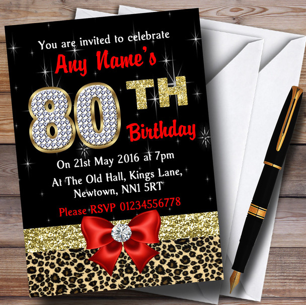 Red Diamond And Leopard Print 80Th Birthday Party Customised Invitations
