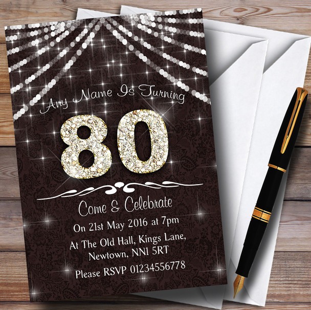 80Th Brown & White Bling Sparkle Birthday Party Customised Invitations