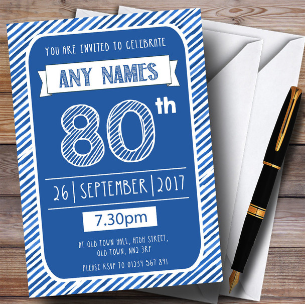Blue & White Stripy Deco 80th Customised Birthday Party Invitations