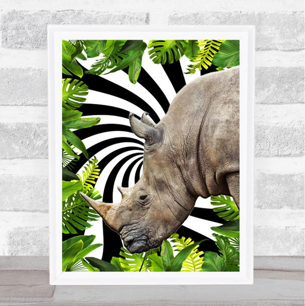 Jungle Leaves Black & White Swirl Rhino Wall Art Print