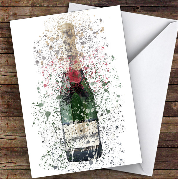 Watercolour Splatter Green Imperial Champagne Bottle Personalised Birthday Card