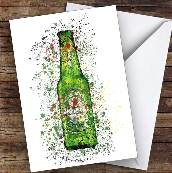 Watercolour Splatter Green & Red Dutch Lager Bottle Personalised Birthday Card