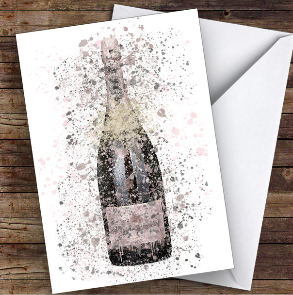 Watercolour Splatter Rose Pink Imperial Champagne Bottle Birthday Card