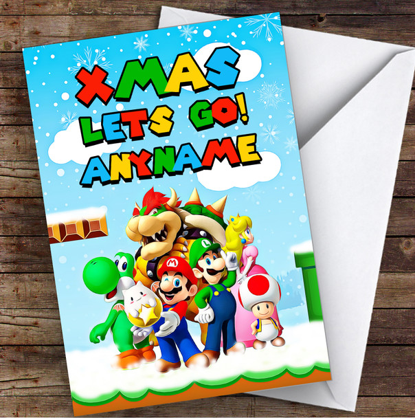 Super Mario Xmas Lets Go Retro Gaming Personalised Children's Christmas Card