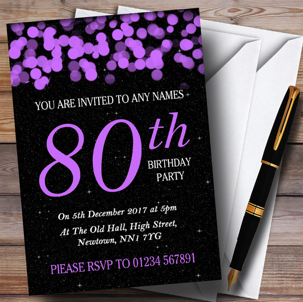 Purple Bokeh & Stars 80th Customised Birthday Party Invitations