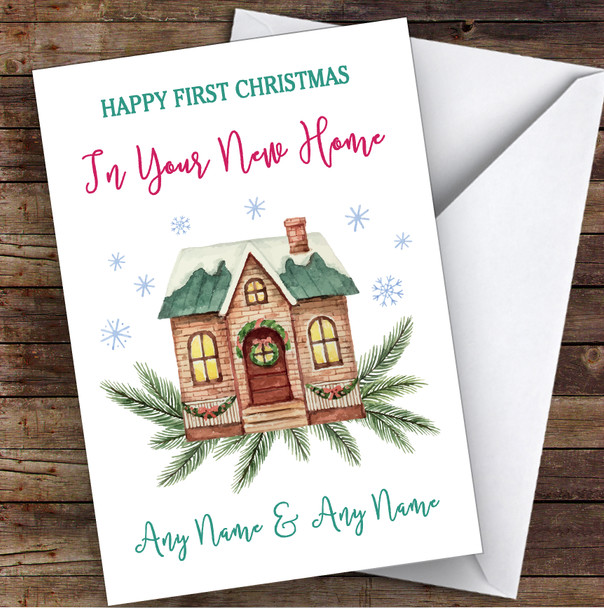 First Christmas In New Home Green Roof Personalised New Home Christmas Card