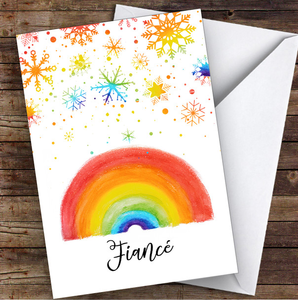 FiancÃ© Rainbow Snow Hope & Love At Christmas Personalised Christmas Card