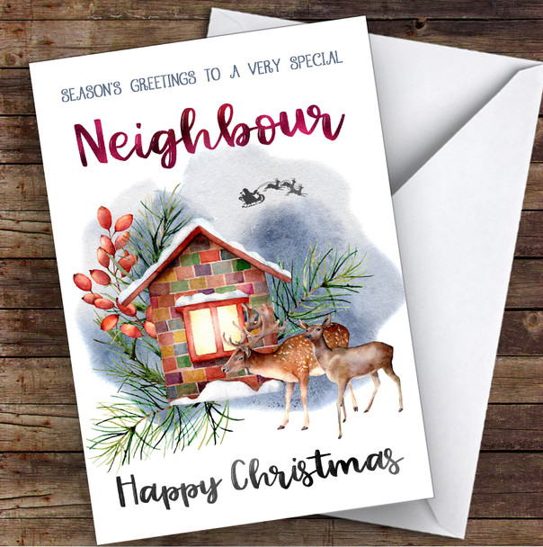 Watercolour Deer To Very Special Neighbour Personalised Christmas Card