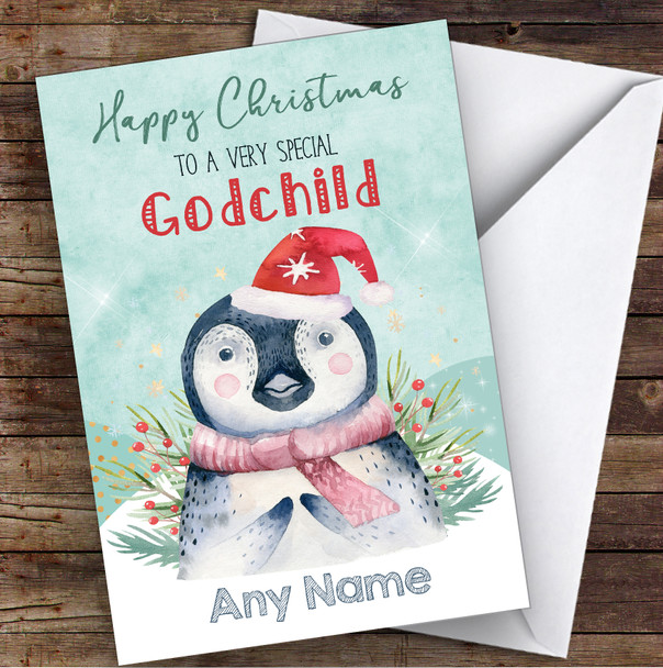 Watercolour Penguin Special Godchild Personalised Christmas Card