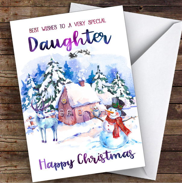 Watercolour Snowman Special Daughter Personalised Christmas Card