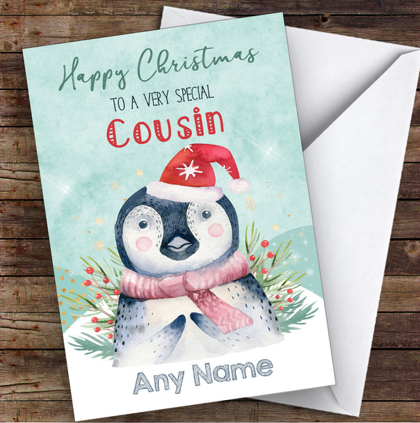 Watercolour Penguin Special Cousin Personalised Christmas Card