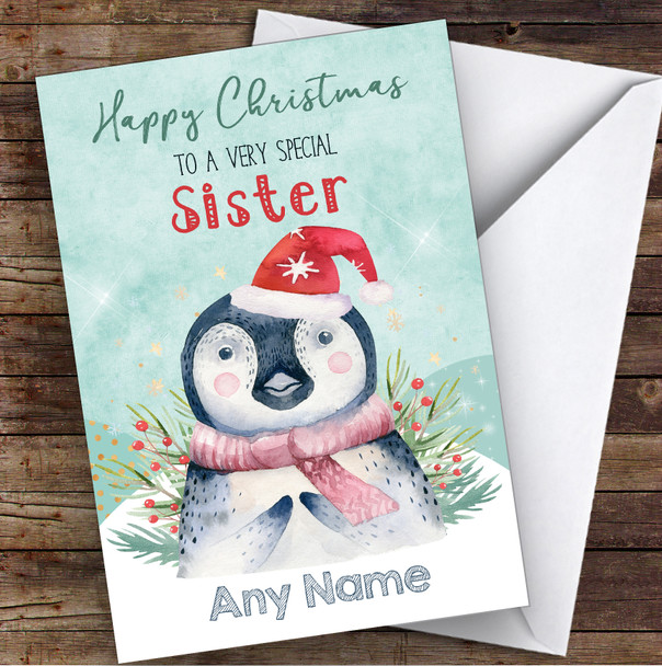 Watercolour Penguin Special Sister Personalised Christmas Card