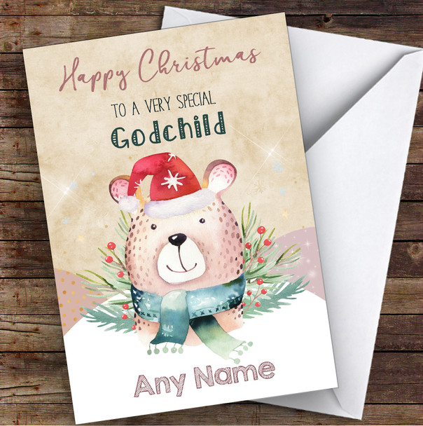 Watercolour Bear Special Godchild Personalised Christmas Card