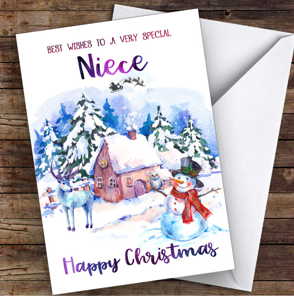 Watercolour Snowman Special Niece Personalised Christmas Card
