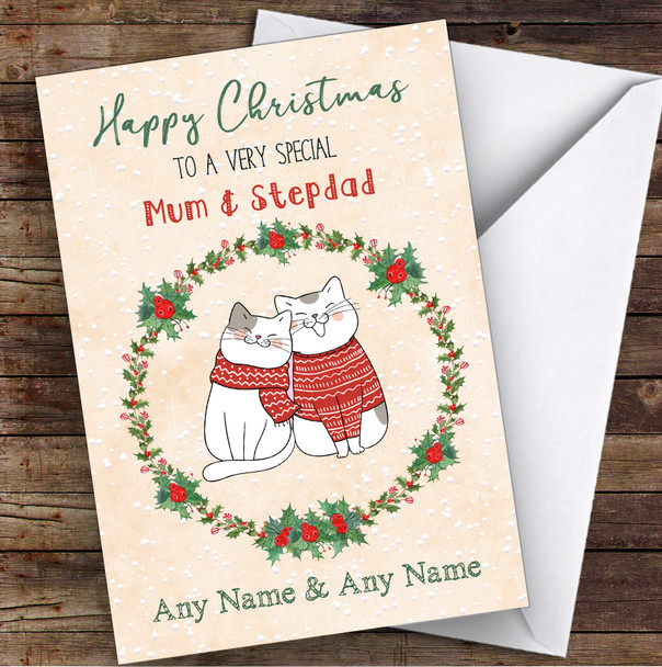 Cute Cats Romantic Mum & Stepdad Personalised Christmas Card