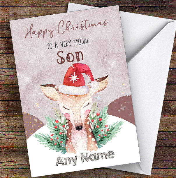 Watercolour Reindeer Special Son Personalised Christmas Card