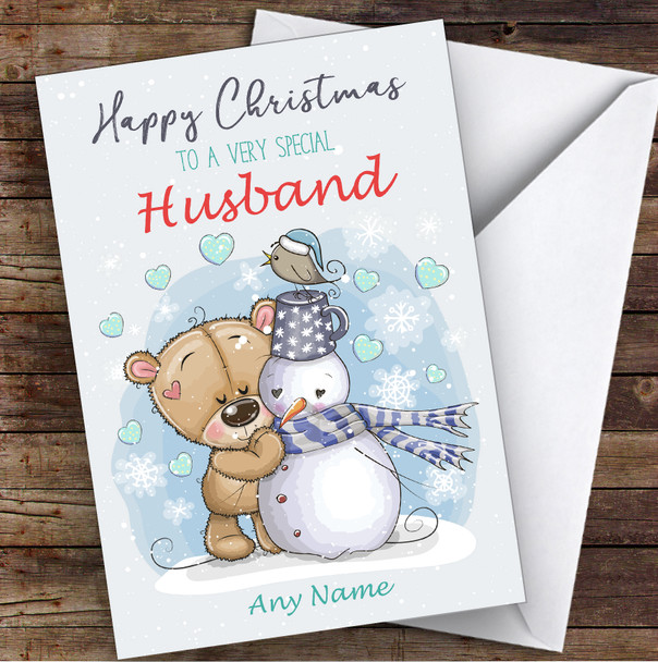Bear & Snowman Romantic Husband Personalised Christmas Card