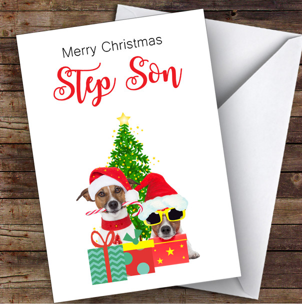 Step Son Christmas Party Dogs Personalised Christmas Card