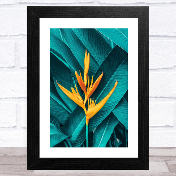 Yellow Flower On Teal Tropical Foliage Wall Art Print