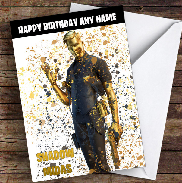 Splatter Art Gaming Fortnite Shadow Midas Kid's Children's Personalised Birthday Card