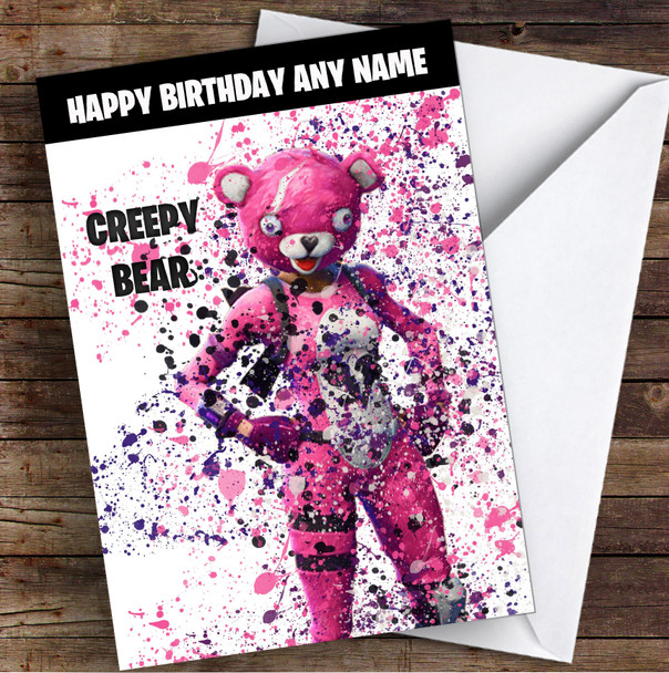 Splatter Art Gaming Fortnite Creepy Bear Kid's Children's Personalised Birthday Card