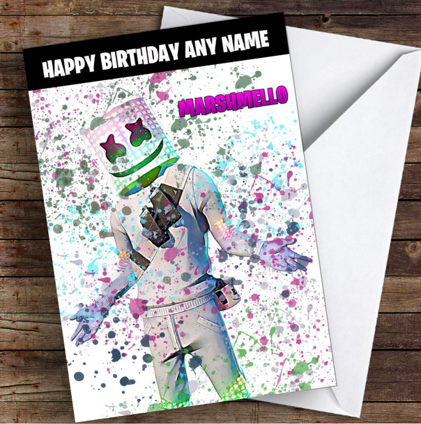 Splatter Art Gaming Fortnite Marshmello Kid's Children's Personalised Birthday Card