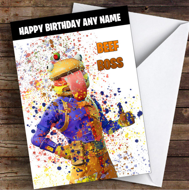 Splatter Art Gaming Fortnite Beef Boss Kid's Children's Personalised Birthday Card