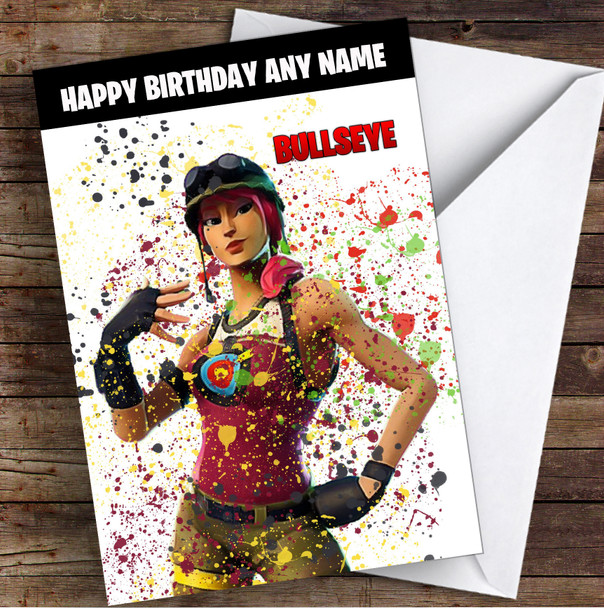 Splatter Art Gaming Fortnite Bullseye Kid's Children's Personalised Birthday Card
