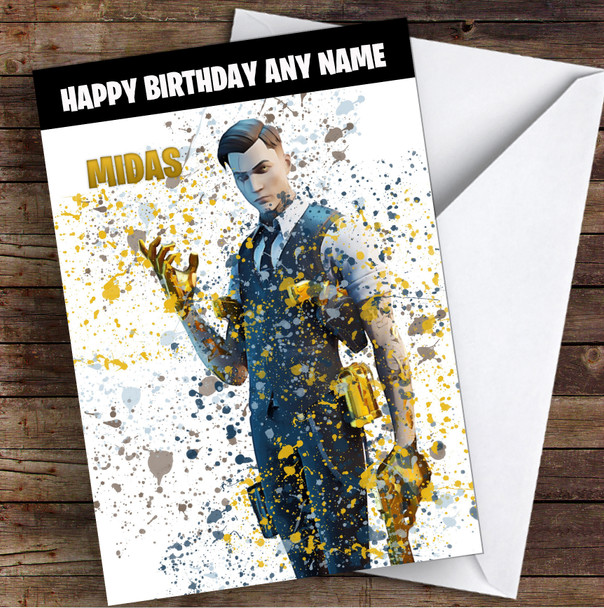 Splatter Art Gaming Fortnite Midas Kid's Children's Personalised Birthday Card