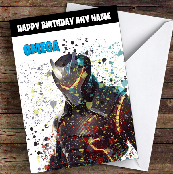 Splatter Art Gaming Fortnite Omega Kid's Children's Personalised Birthday Card