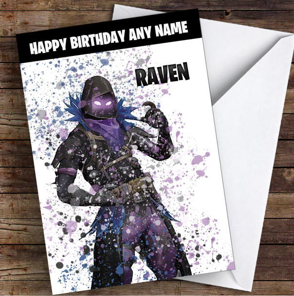 Splatter Art Gaming Fortnite Raven Kid's Children's Personalised Birthday Card