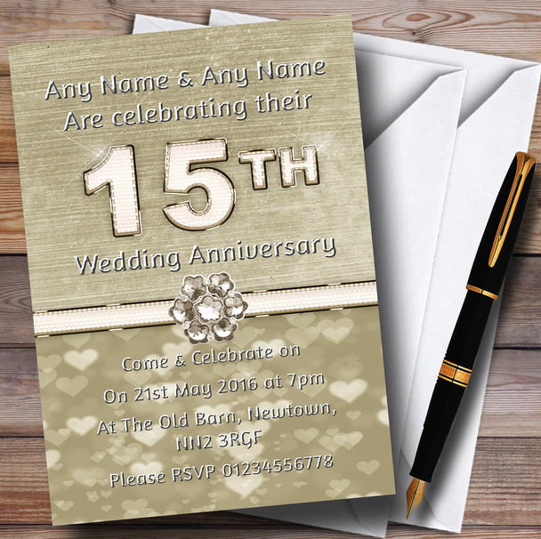 Titanium Gold And White 15Th Customised Anniversary Party Invitations