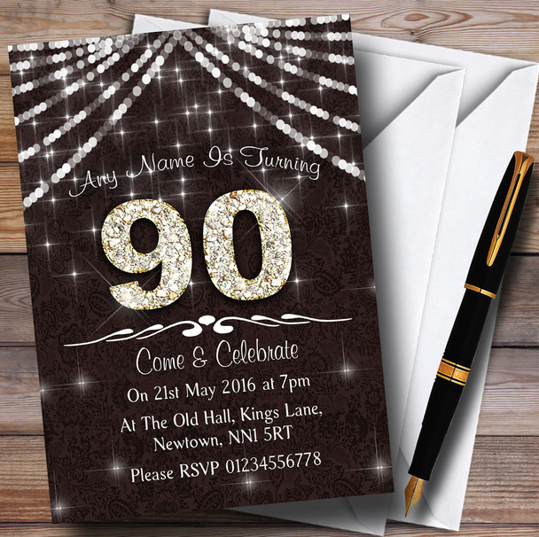 90Th Brown & White Bling Sparkle Birthday Party Customised Invitations