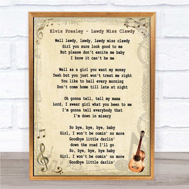 Elvis Presley Lawdy Miss Clawdy Vintage Guitar Song Lyric Music Art Print