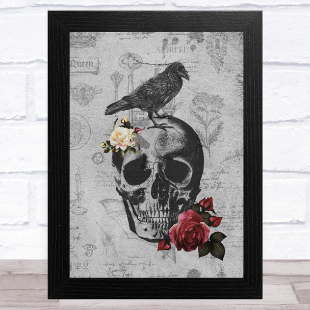 Grey Gothic Skull With Raven And Flowers Home Wall Art Print