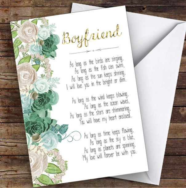 Boyfriend Green Floral Romantic Poem Personalised Valentine's Day Card