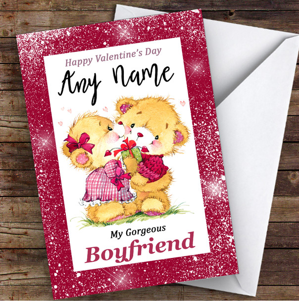 Pink Border Cuddling Bears Boyfriend Personalised Valentine's Day Card