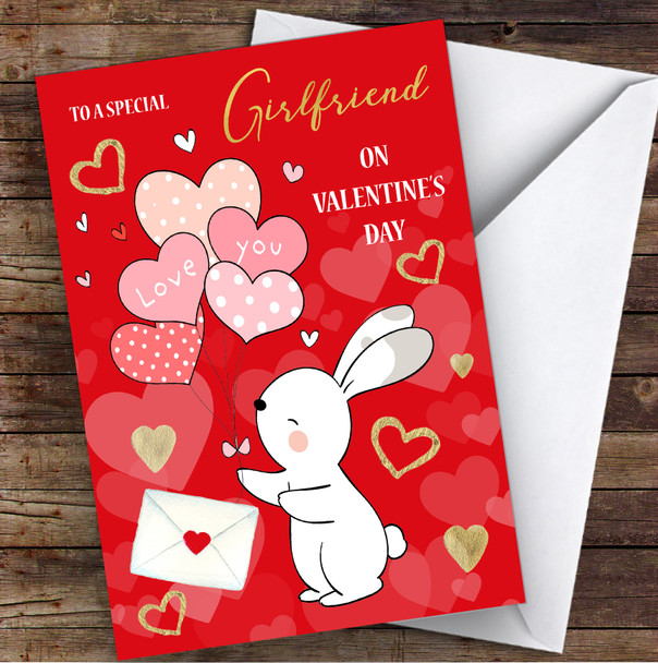 Rabbit Balloons Red Gold Girlfriend Personalised Valentine's Day Card