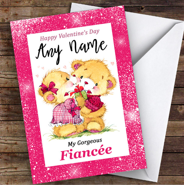 Pink Border Cuddling Bears Fiancée Personalised Valentine's Day Card