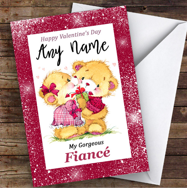 Pink Border Cuddling Bears Fiancé Personalised Valentine's Day Card