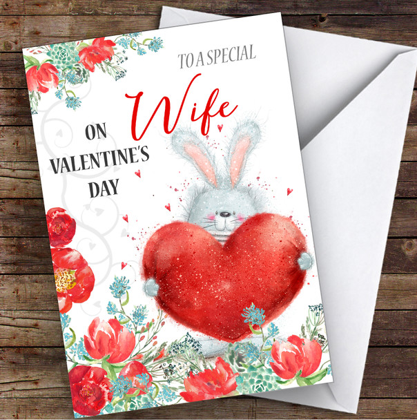 Romantic Cute Rabbit & Heart Wife Personalised Valentine's Day Card