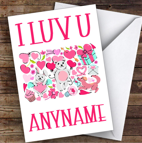 Cutesy Pink Heart & Animals Personalised Valentine's Day Card